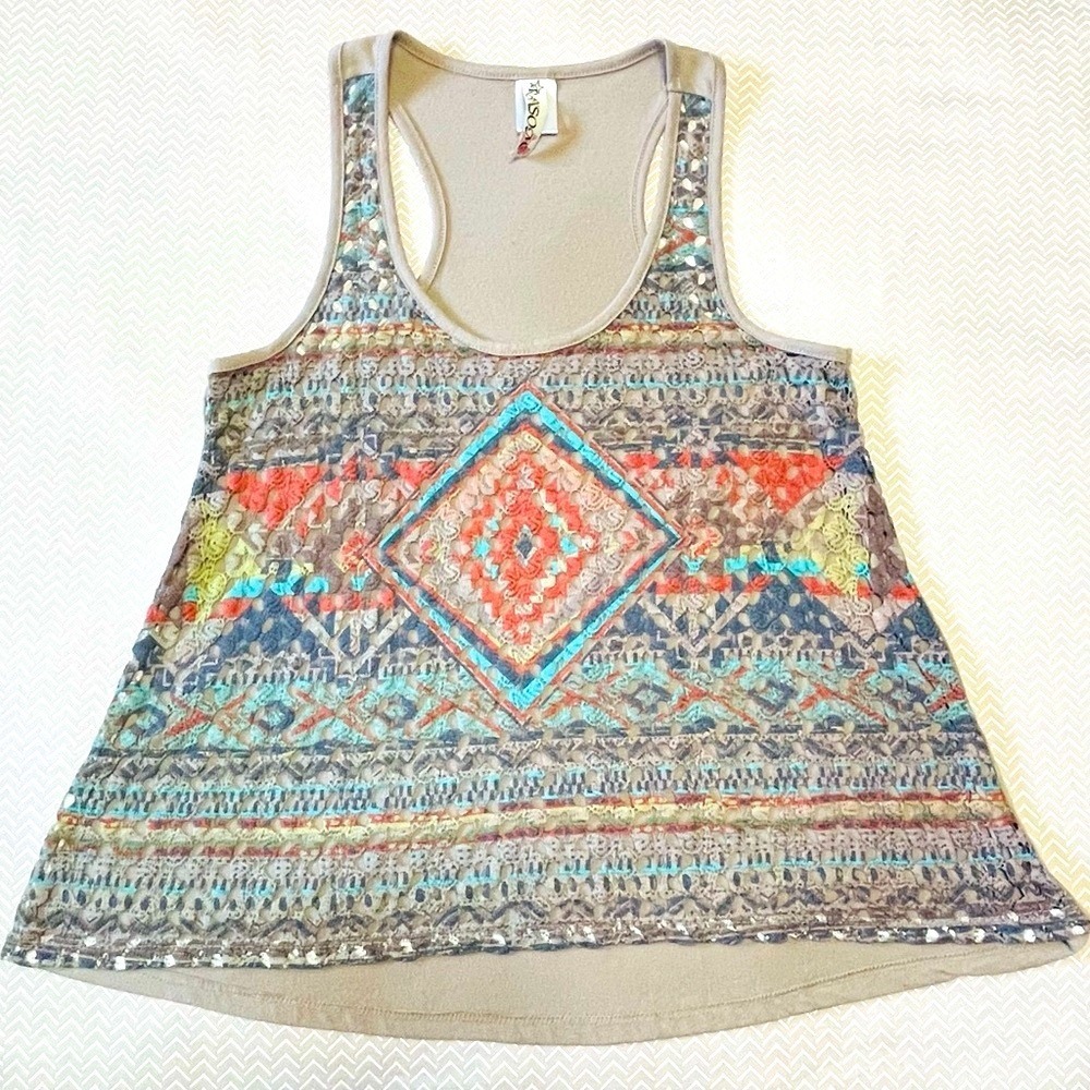 Ransom Womens‎ Lace Racerback Tank Top Southwestern Geometric Boho Multi-Color